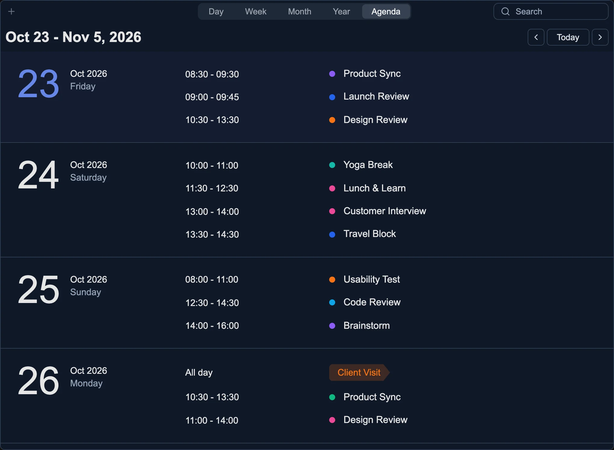 Events grouped by day in Agenda view