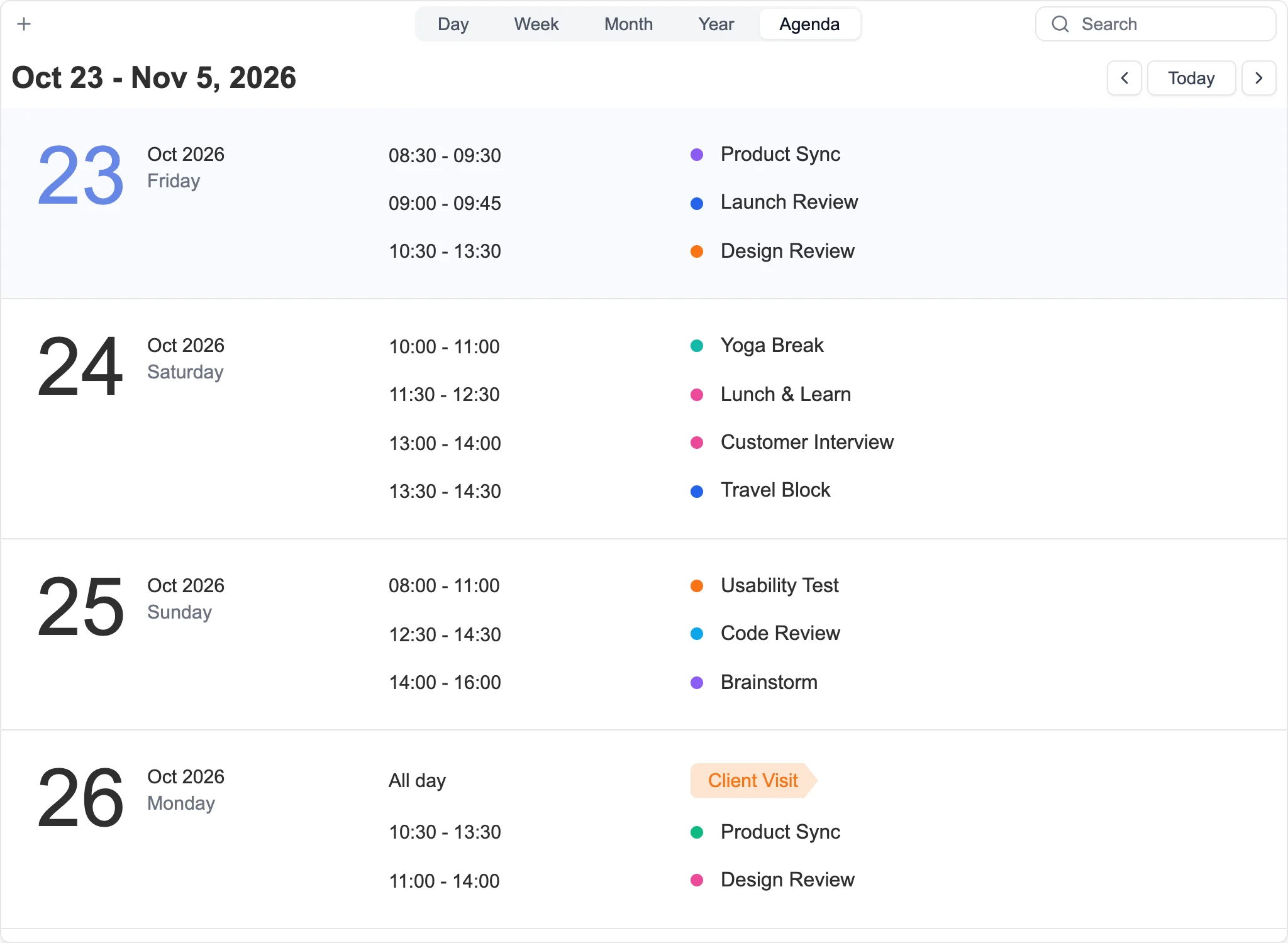 Events grouped by day in Agenda view