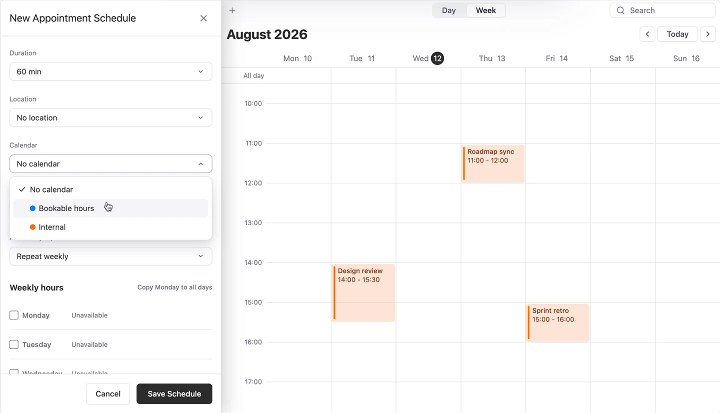The appointment schedule editor beside a week calendar