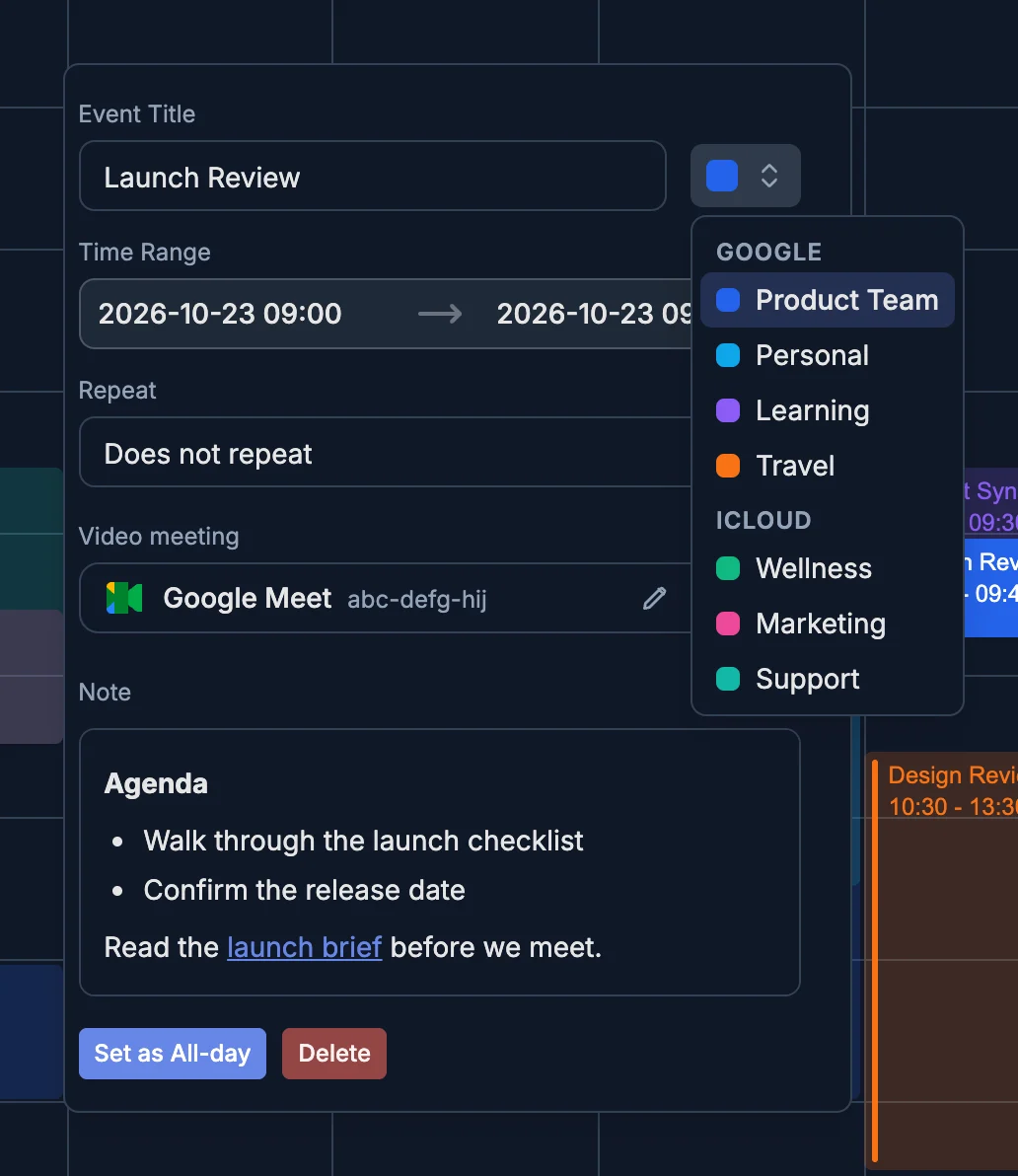 The calendar picker grouped by Google and iCloud