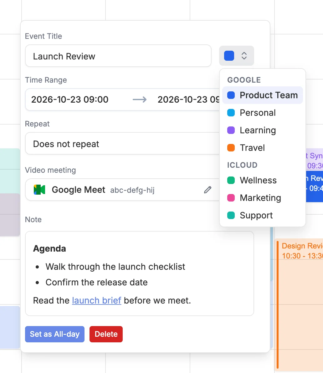 The calendar picker grouped by Google and iCloud