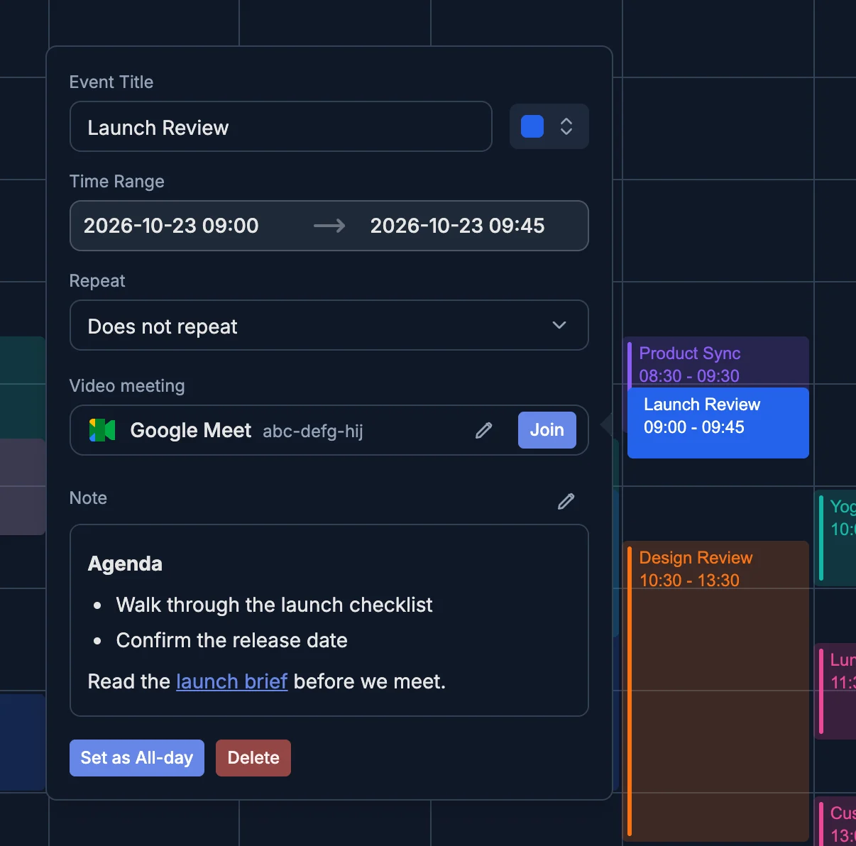 A Google Meet link with a Join button in the event details