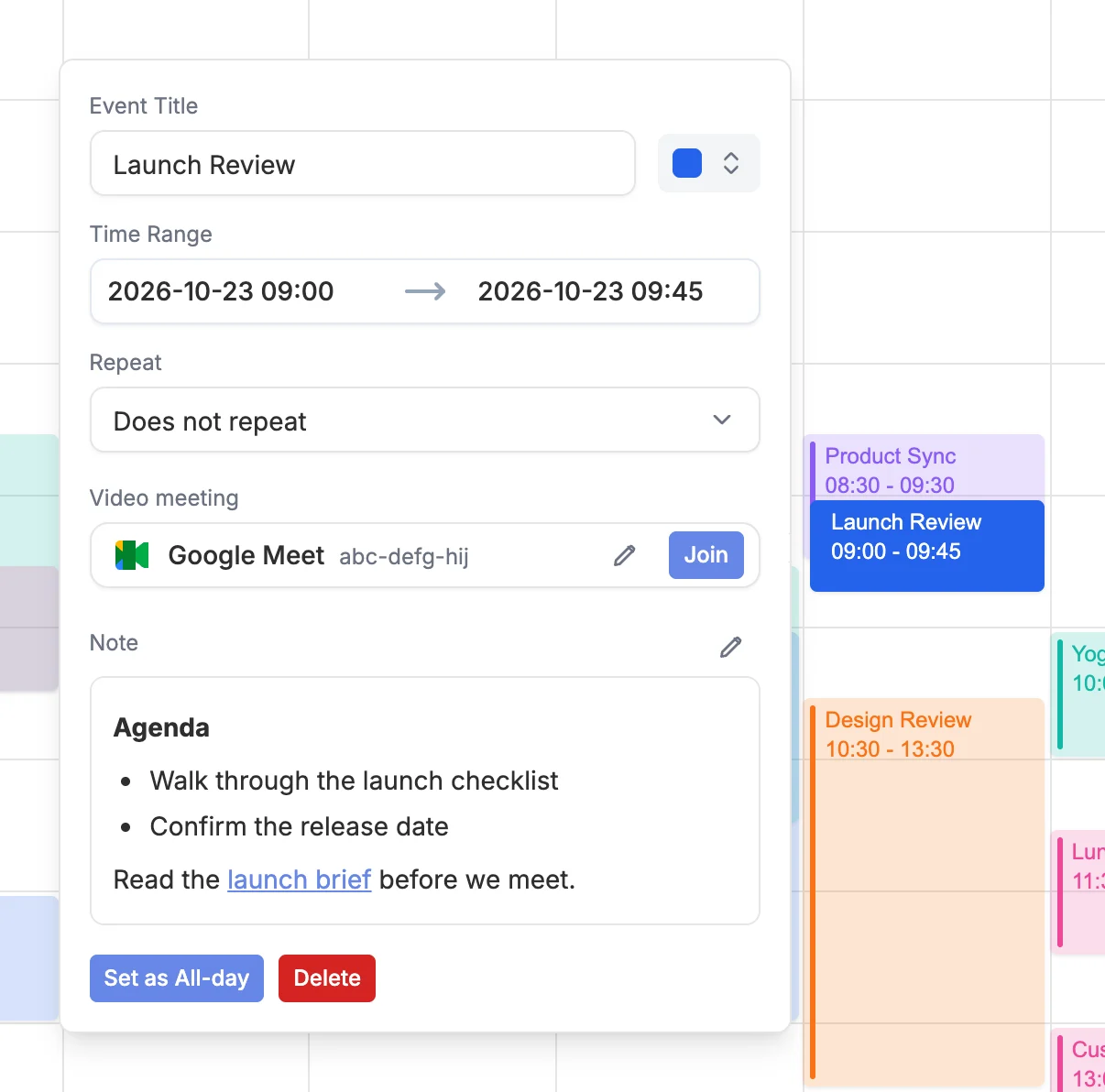 A Google Meet link with a Join button in the event details