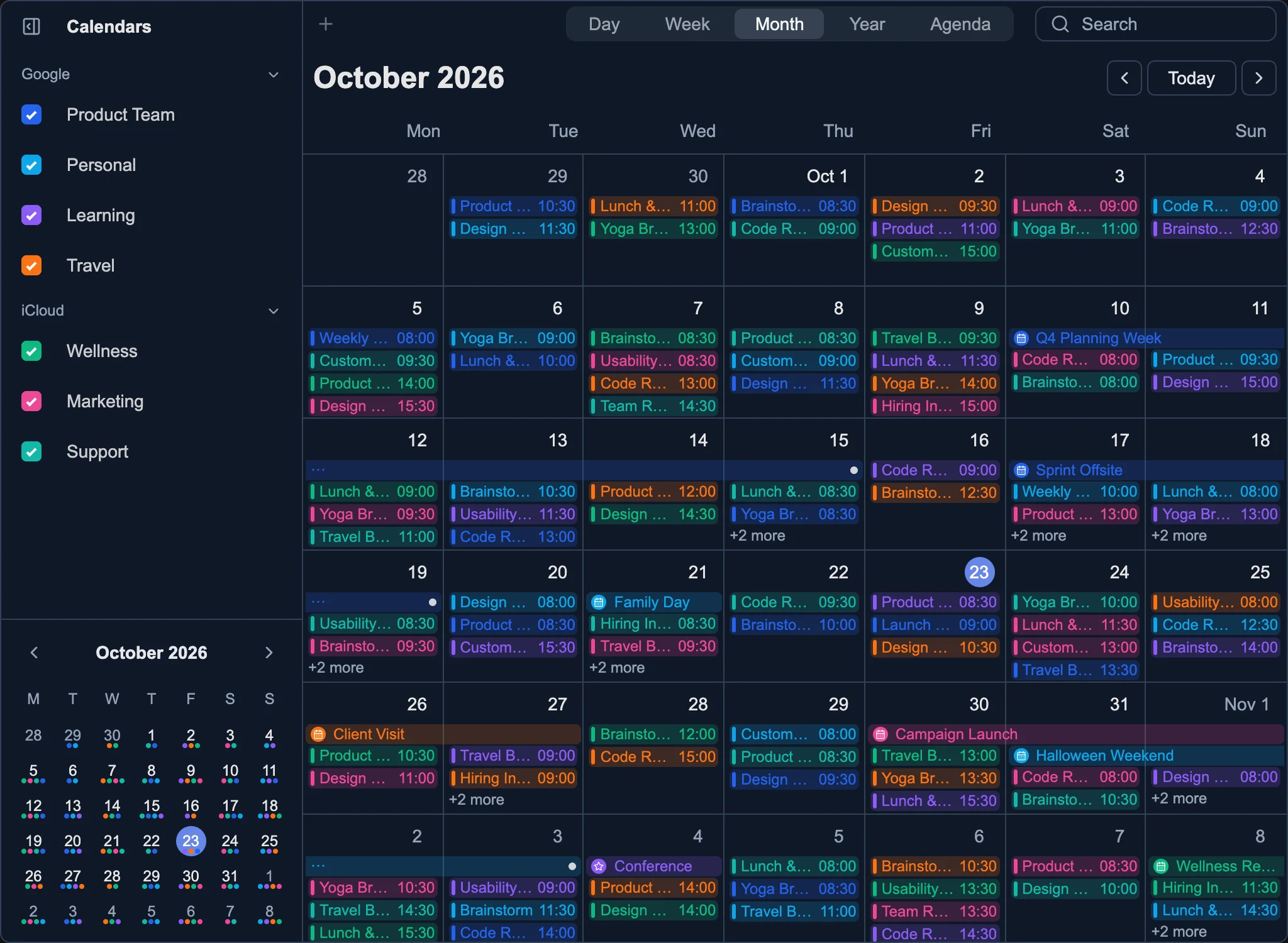 Month view with the sidebar and mini calendar
