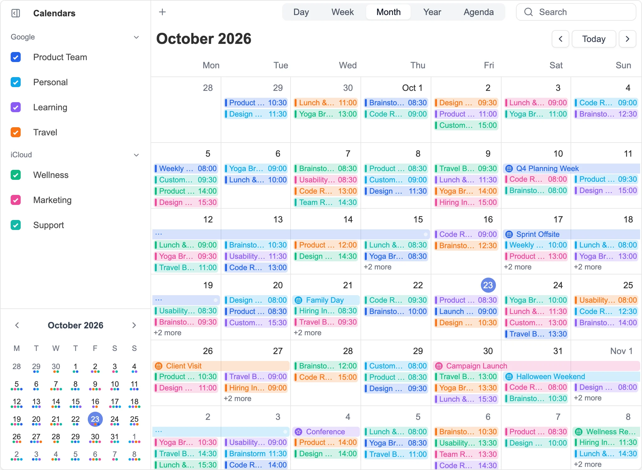 Month view with the sidebar and mini calendar