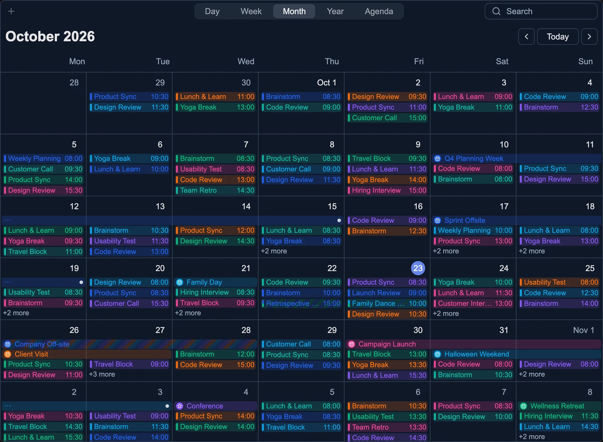 Events shared across calendars with striped colors in Month view