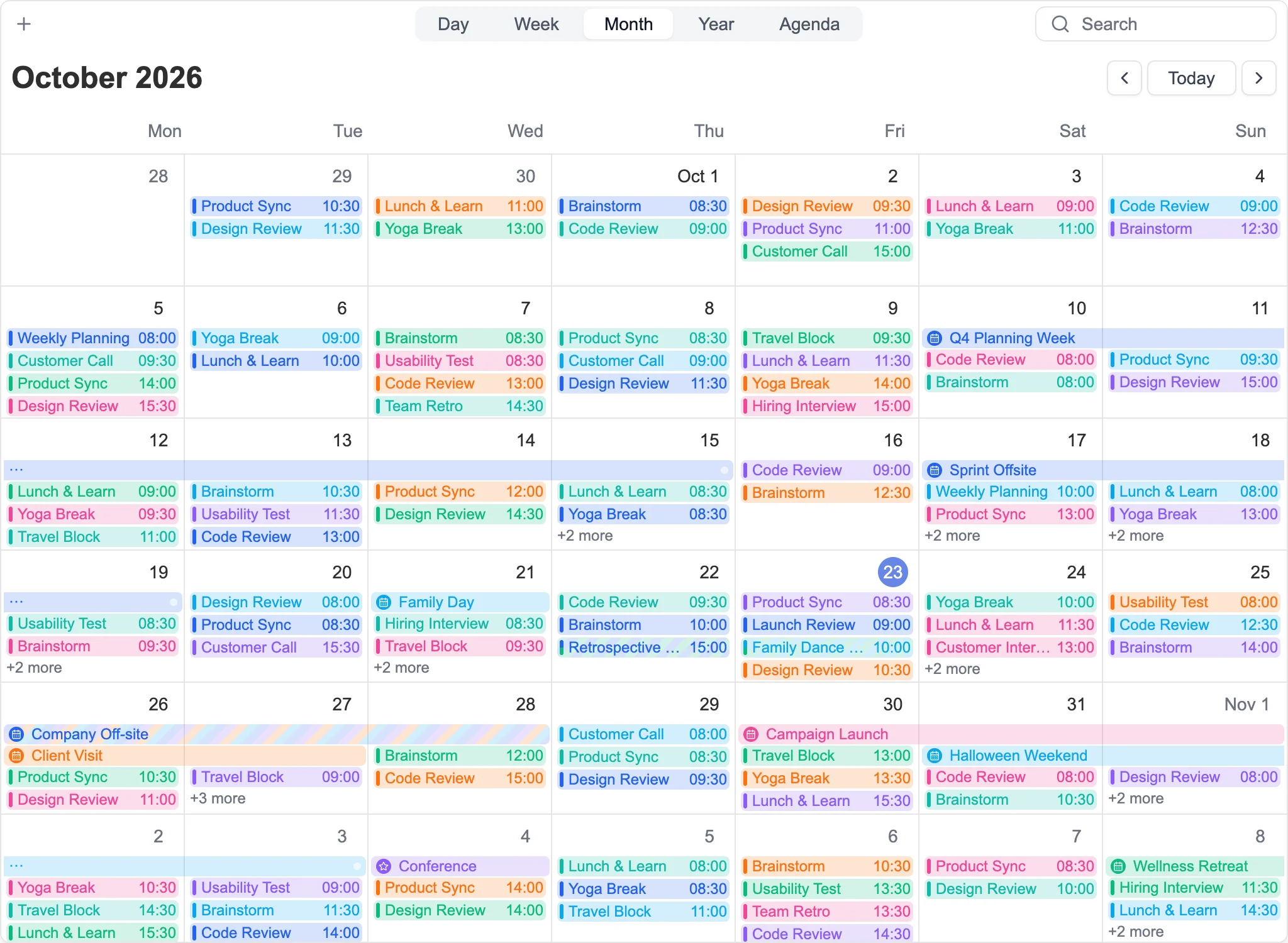 Events shared across calendars with striped colors in Month view