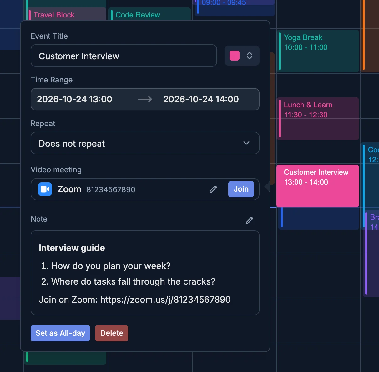 Formatted notes with a Join button detected from a Zoom link