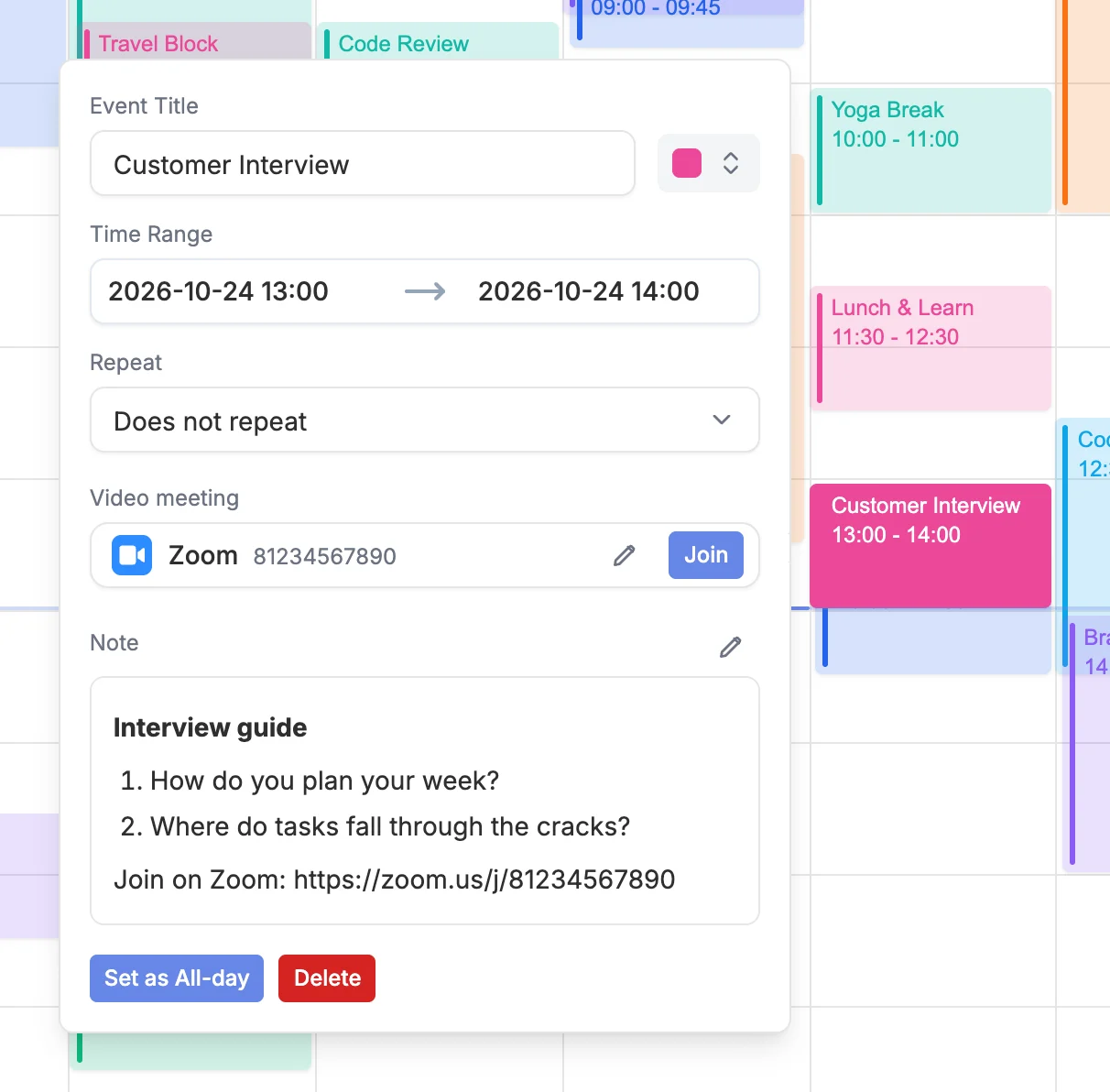 Formatted notes with a Join button detected from a Zoom link