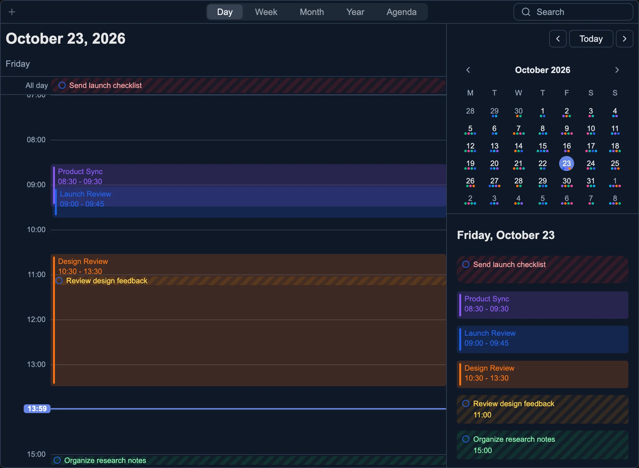 Tasks with priorities beside events in Day view