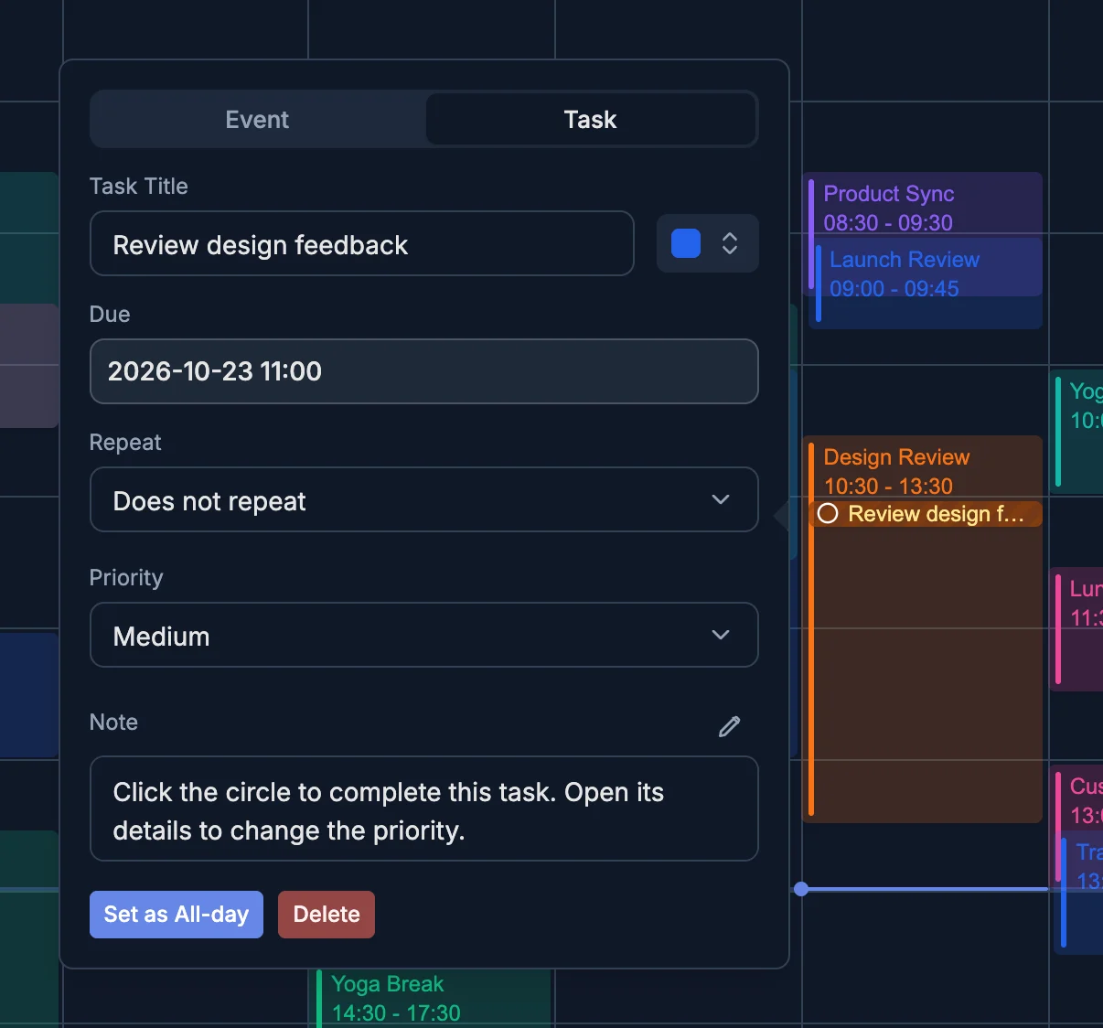 Choosing a task priority in the detail panel