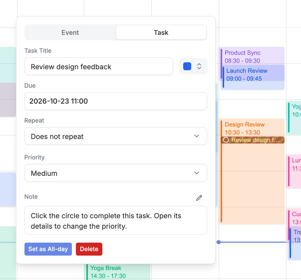 Choosing a task priority in the detail panel