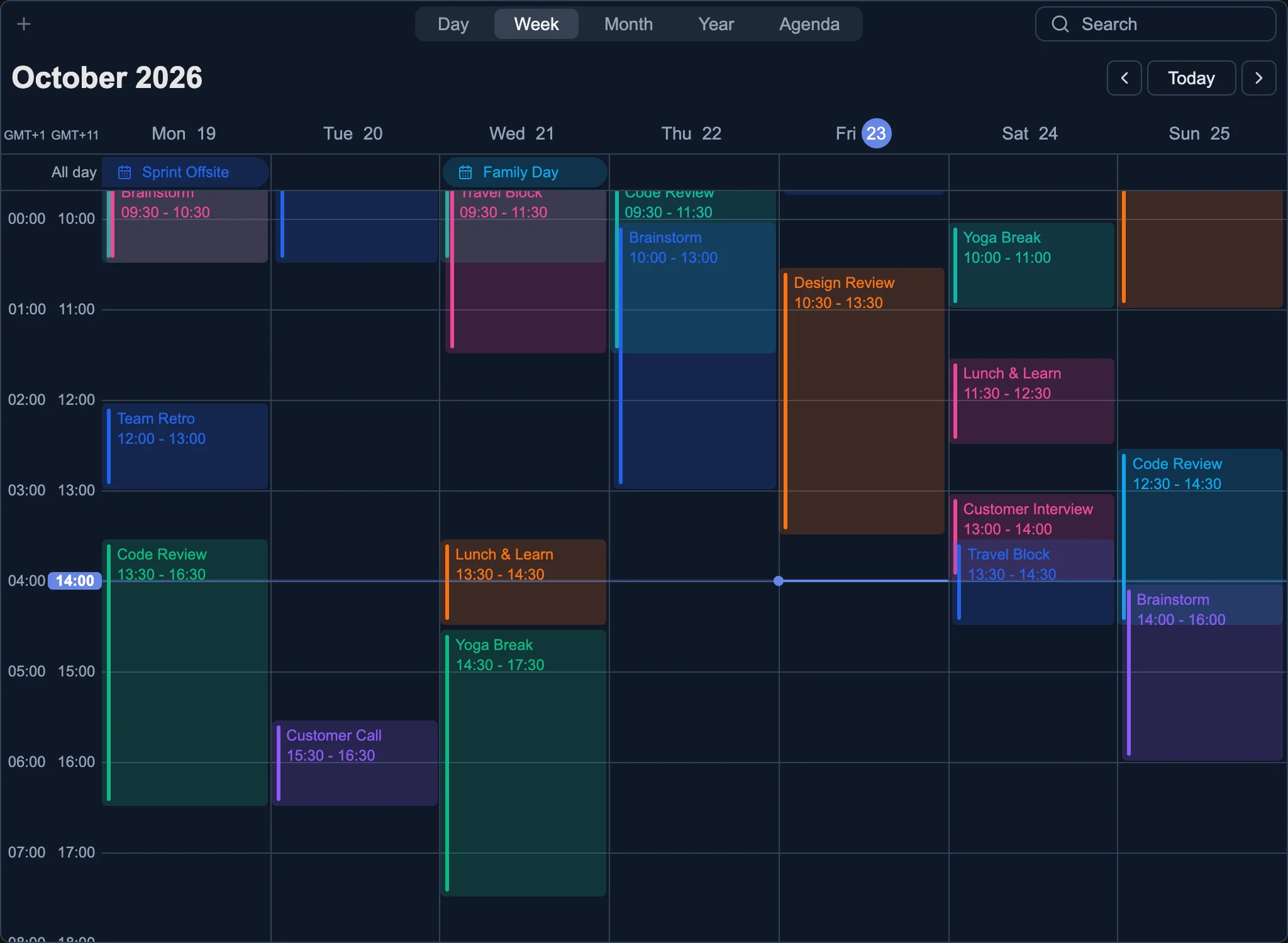 Week view with a secondary London timeline