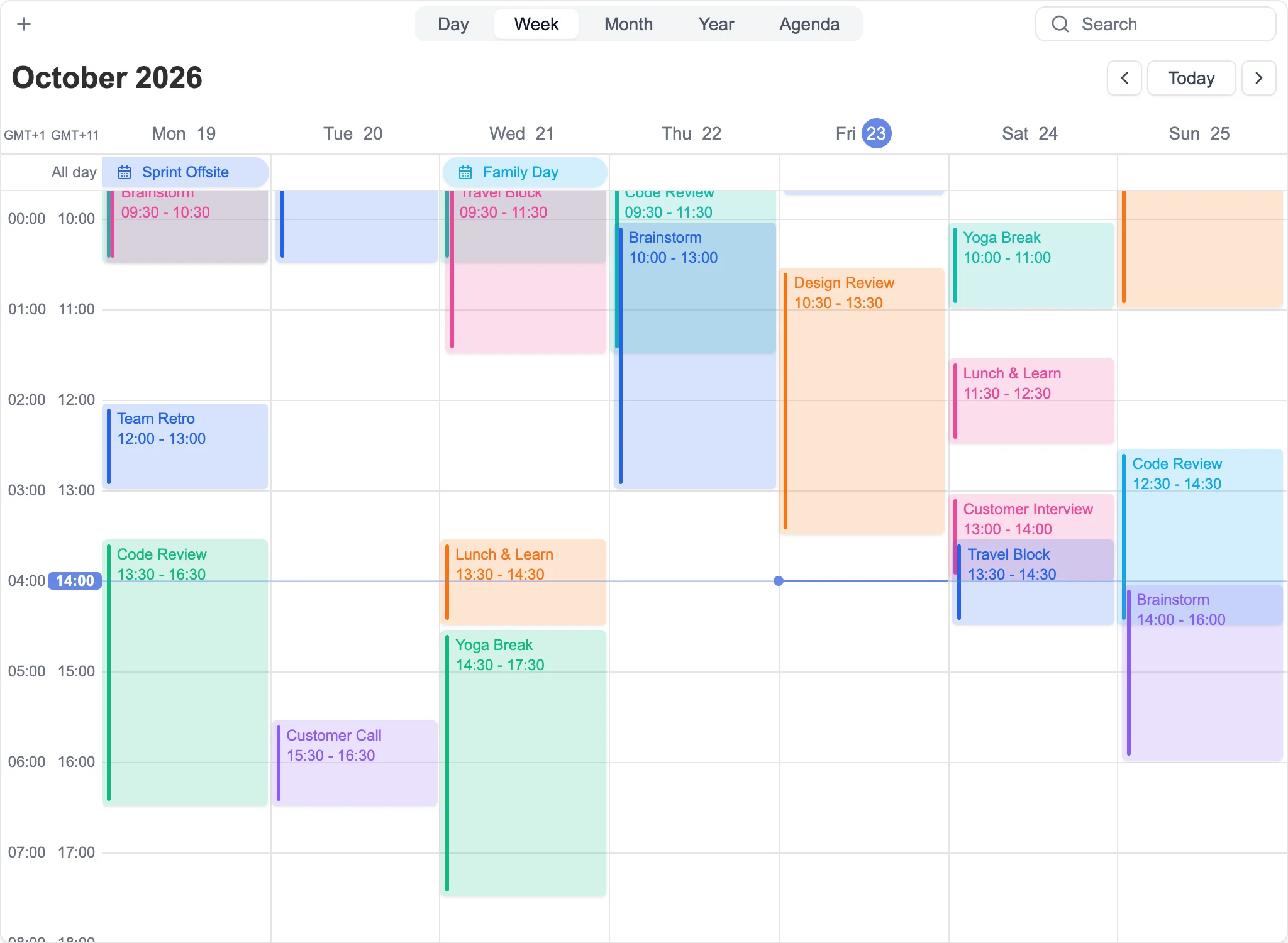 Week view with a secondary London timeline