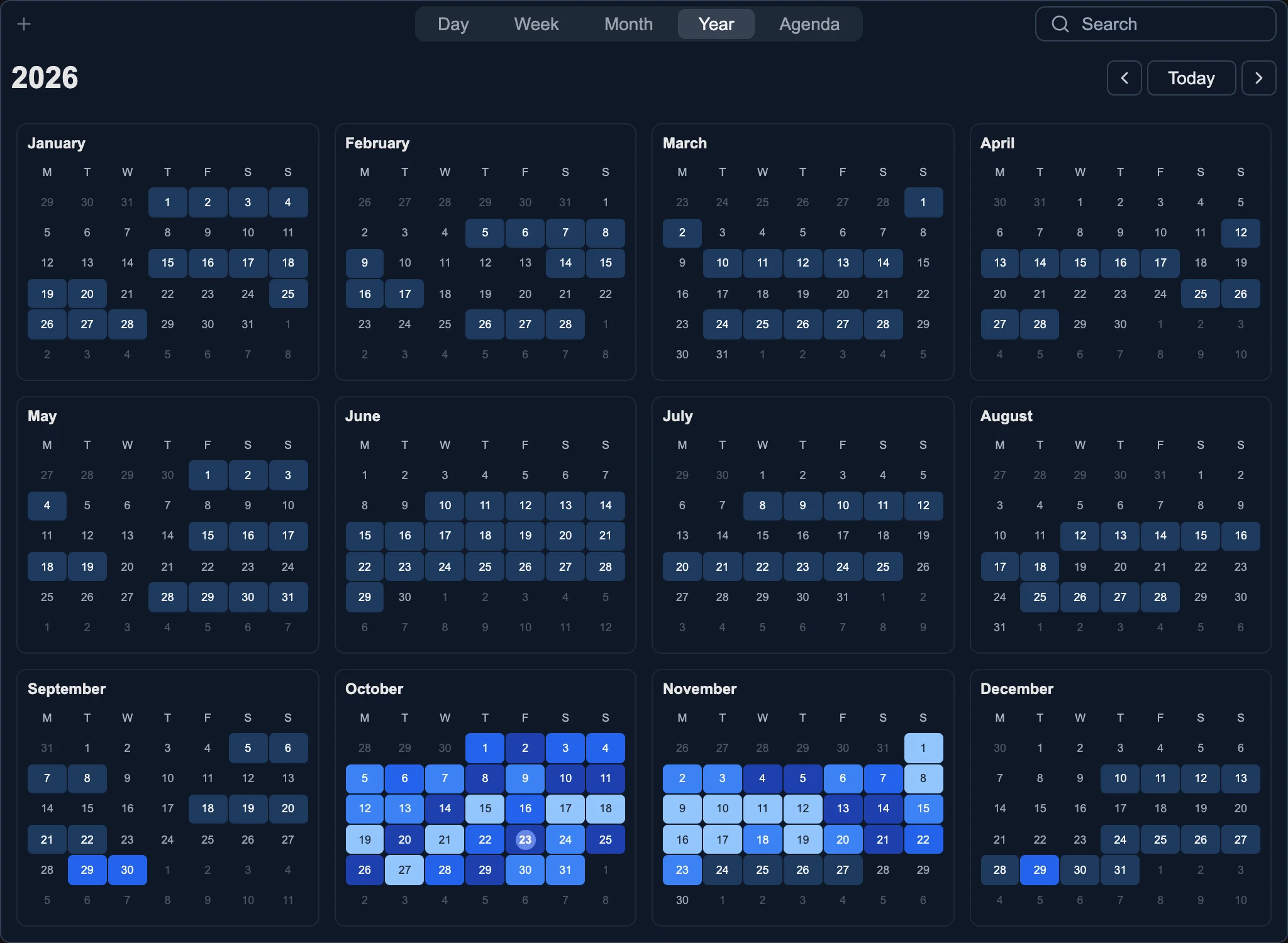 Grid Year view with event density colors