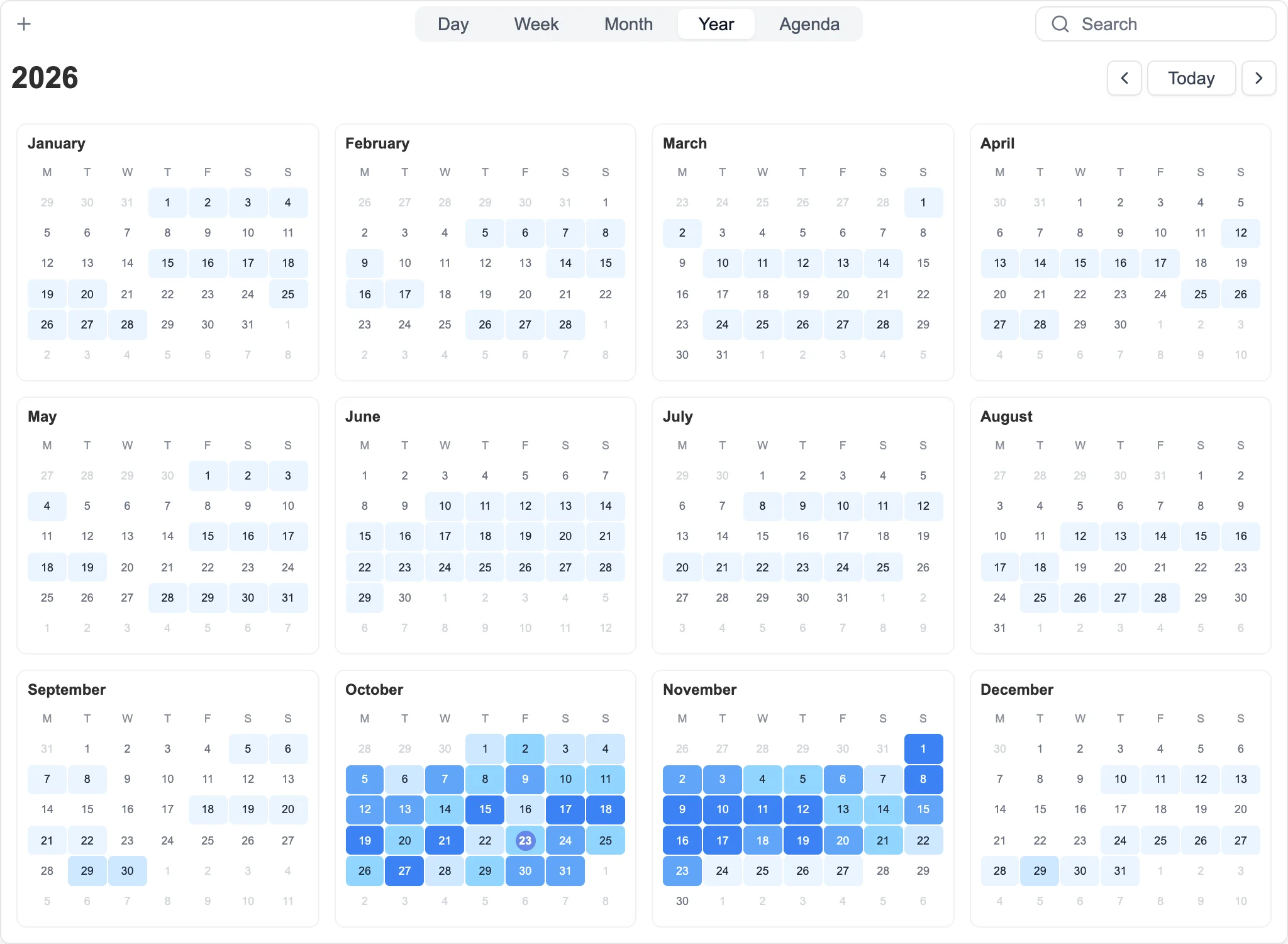 Grid Year view with event density colors