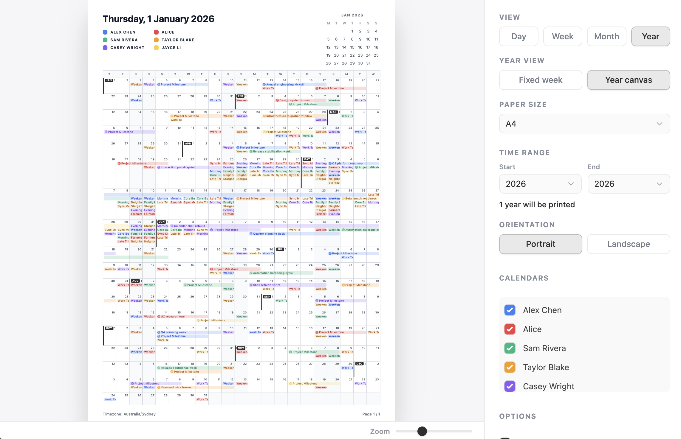 DayFlow print calendar settings and year preview